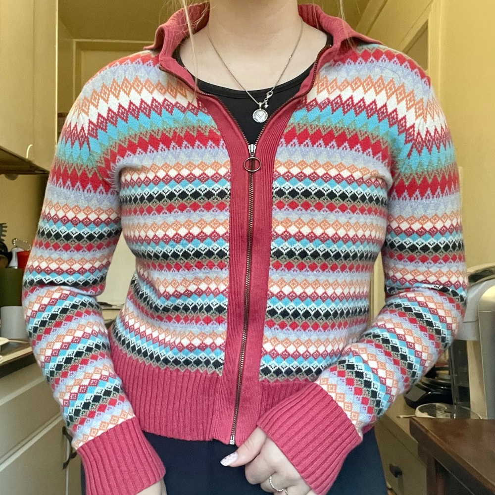 Vintage 90s Liz Claiborne Multicolor Diamond Pattern Knit Zipper Sweater